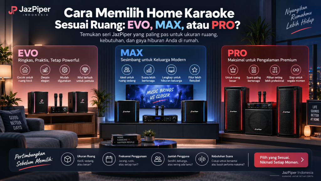 Infografis cara memilih home karaoke JazPiper sesuai ruang dengan perbandingan EVO, MAX, dan PRO berdasarkan ukuran ruang, frekuensi penggunaan, jumlah pengguna, dan kebutuhan suara.