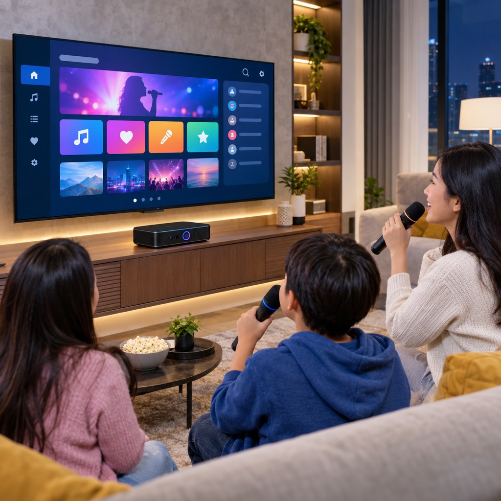 Aplikasi karaoke di rumah ditampilkan di TV dengan perangkat home karaoke dan mikrofon wireless