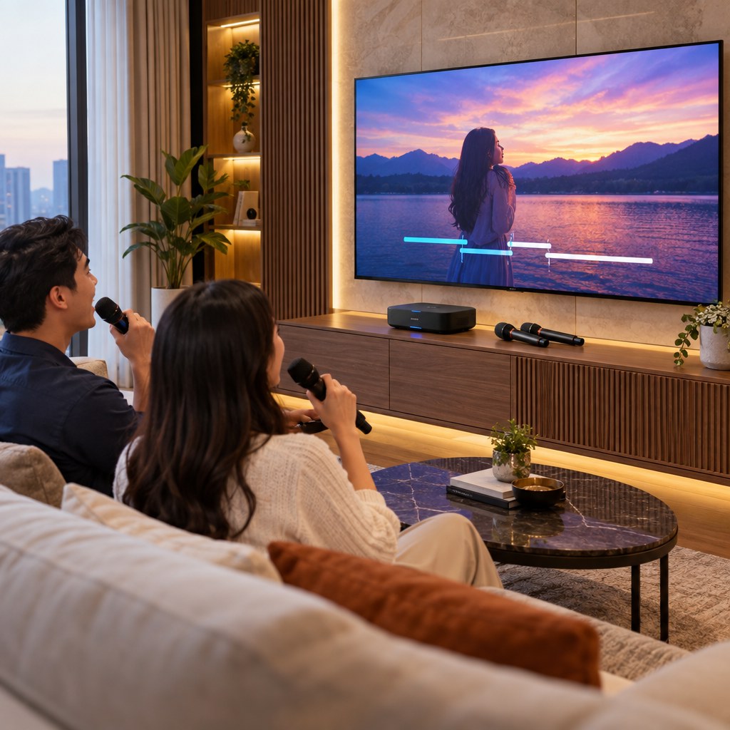 Setup karaoke di Smart TV dengan perangkat home karaoke dan mikrofon wireless tanpa speaker aktif tambahan
