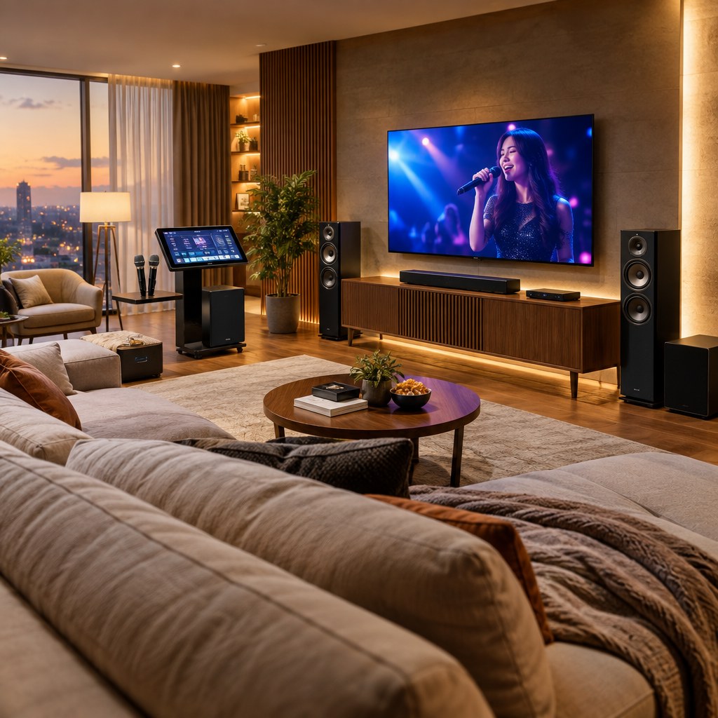 Ilustrasi home theater untuk karaoke di rumah dan sistem all-in-one