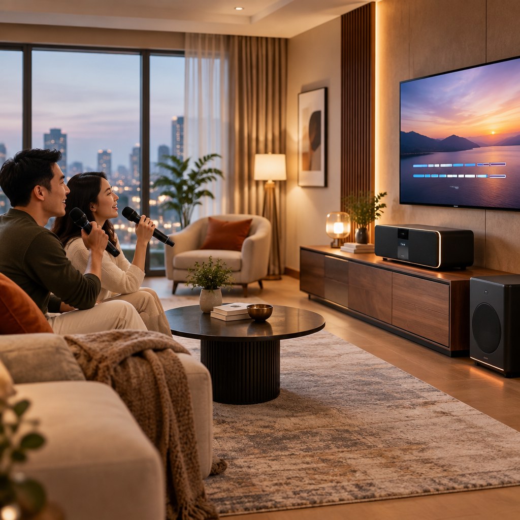 Penataan karaoke apartemen dengan posisi perangkat dan furnitur yang membantu mengontrol pantulan suara