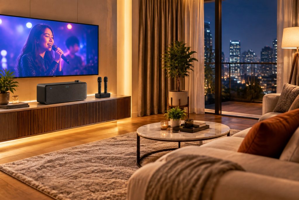 Karaoke untuk apartemen dengan pengaturan volume bass dan posisi perangkat yang rapi