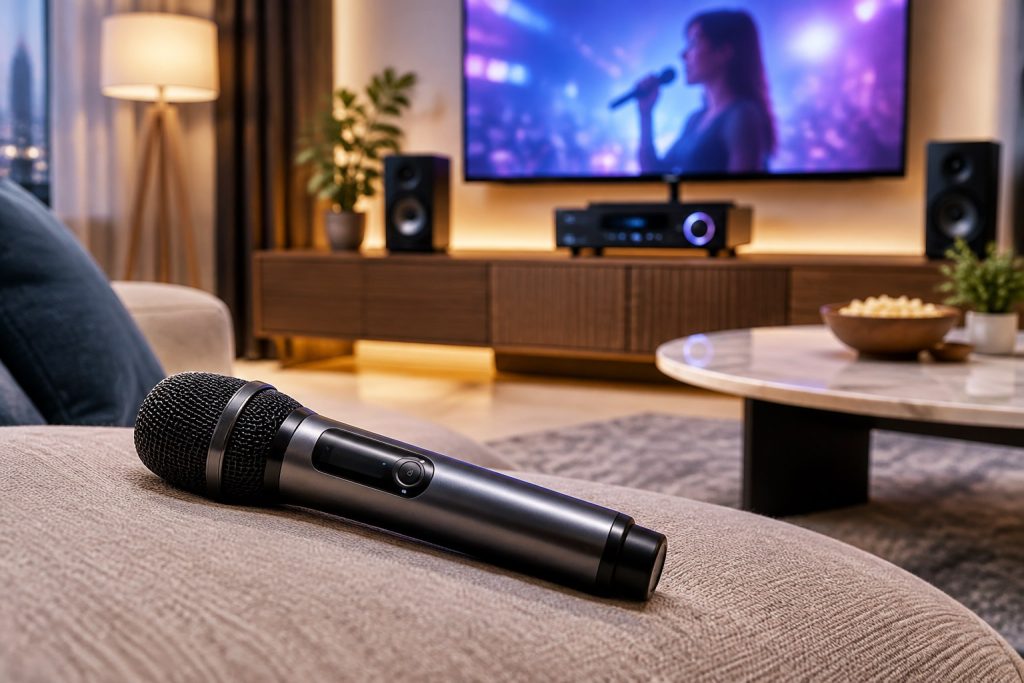 Mic wireless untuk karaoke rumah dengan suasana ruang keluarga JazPiper